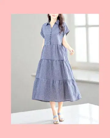 미사용 새상품! 옷깃 체크 무늬 티어드 원피스 네이비