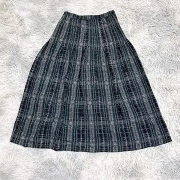 잔니 로 주디체 롱 스커트 L 체크 무늬 울 플레어 종아리 기장