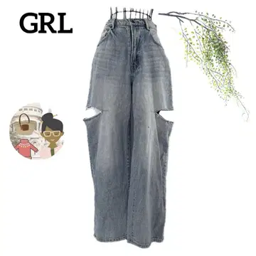 그레일/컷 아웃 디자인 와이드 레그 데님 팬츠 L 데미지 가공