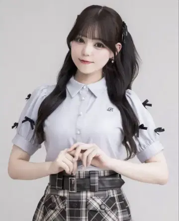 pium 미니 리본 퍼프 슬리브 블라우스 블루 그레이 피움