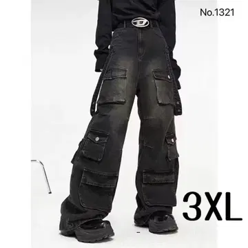 카고 팬츠 블랙 3XL 사이드 벨트 포켓 와이드 팬츠 지저 한국