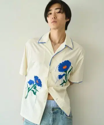 camphor wood 꽃 자수 거즈 셔츠 오픈 카라 블루
