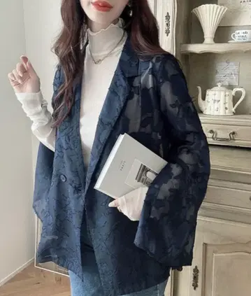 Meiru 시어 자카드 슬릿 슬리브 테일러드 자켓