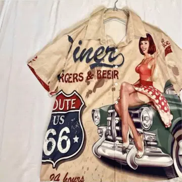 다이너 걸 50's 올드 아메리칸 아로하 셔츠 하와이안 반팔 L