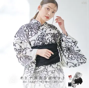 화이트 블랙 플라워 무늬 유카타 오비 3세트