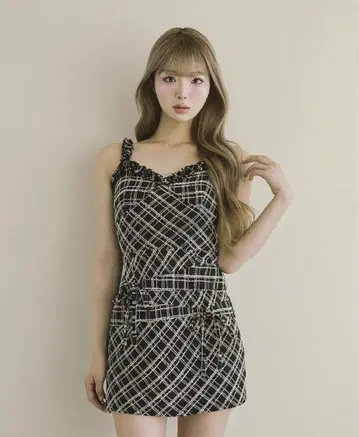 Darich 다리치 트위드 체크 리본 미니 원피스 BLK
