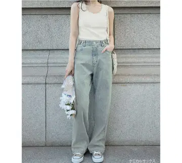 찬미 허리 버튼 데님 와이드 팬츠 숏 기장 M 케미컬 색스