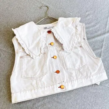 자라 ZARA 데님 베스트 크롭 프릴 옷깃 스티치 슬리브리스 S