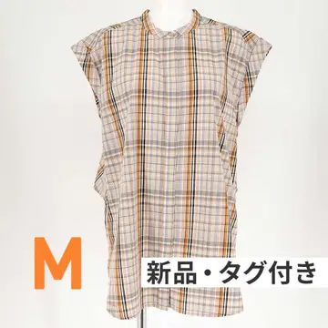 새상품 셔츠 블라우스 M 사이즈 백 프릴 민소매 체크 오렌지