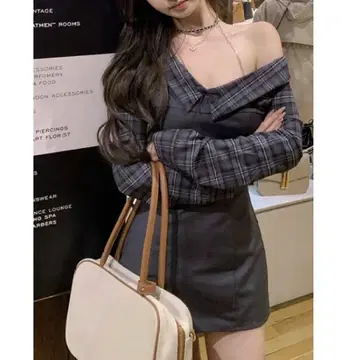 체크 원피스 그레이