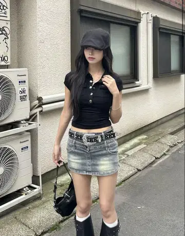 TRIFLE 더블 허리 데님 미니 치마바지
