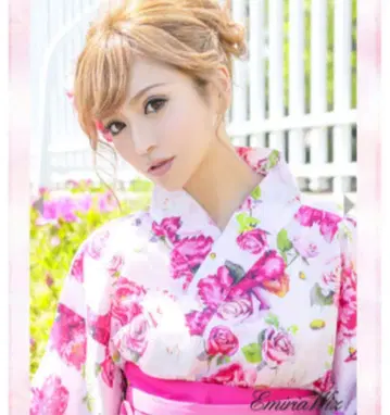 EmiriaWiz 핑크 장미 꽃무늬 유카타 오비 2세트