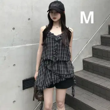 블랙 체크 프릴 아지메 미니 원피스 M 튜닉 블랙 emmy