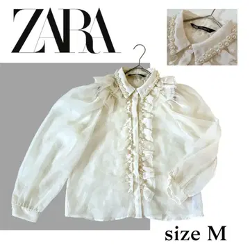 ZARA 화이트 쉬폰 블라우스 펄 프릴 시어 쉬폰