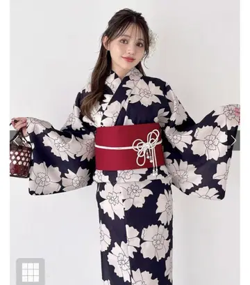 미사용 새상품 꽃무늬 유카타 오비 세트 (네이비/레드)