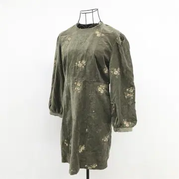 마우지 원피스 M 그린 벨로아 원단 자수 꽃무늬 면 100% 모던 레트로