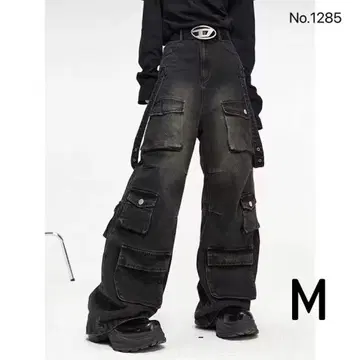 카고 팬츠 블랙 M 사이드 벨트 포켓 와이드 팬츠 지저인 한국
