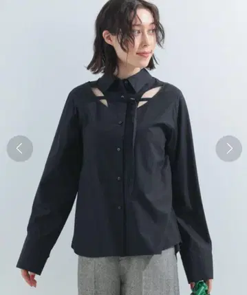 Ray BEAMS 컷 아웃 스트랩 긴팔 셔츠 레이빔스 블랙
