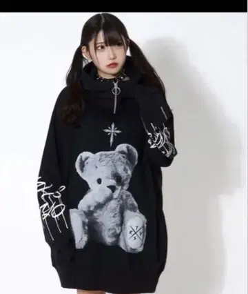 TRAVAS TOKYO 하이넥 zip 곰 곰돌이 후드티 후디 블랙
