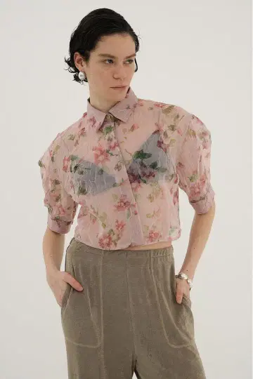CLANE SHEER FLOWER SHORT SLEEVE SHIRTS