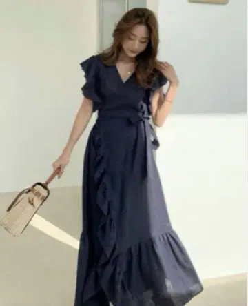 벌스데이 바쉬 롱 원피스 프릴 카슈쿨 린넨 네이비