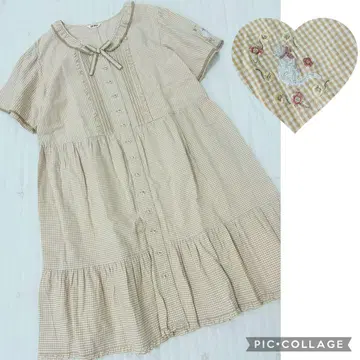 핑크하우스 면론 반팔 원피스 체크 깅엄 자수 고양이 고양이