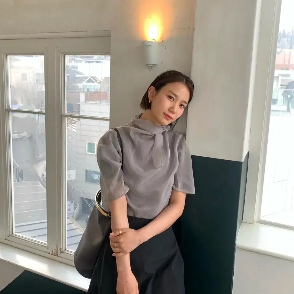 Amomento Blouse Knotted Collar Top - Grey on Bunjang Global Site.