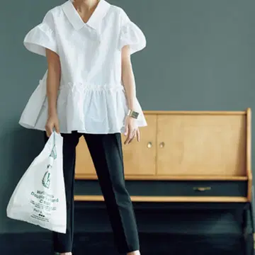 새상품급 THREE SQUARE 2WAY 타프타 블라우스 쓰리스퀘어 반팔