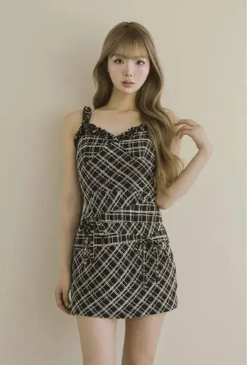 다리치 트위드 체크 리본 미니 원피스 FREE