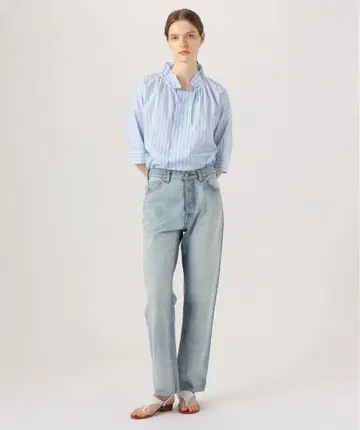 마카피 코튼 포플린 스트라이프 넥 개더 블라우스 36