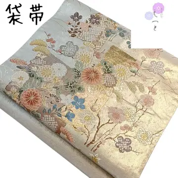 12 엣또 후쿠로 오비 꽃무늬 은색 베이지