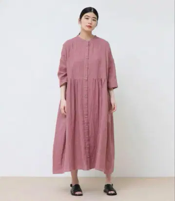 콩제페이에 더블 거즈 개더 원피스 린넨 핑크