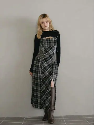 andmary Nadia check long dress black