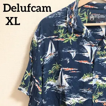 Delufcam 알로하 셔츠 네이비 LL 사이즈 보트 반팔 남성용