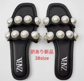 ZARA 펄 장식 가죽 플랫 샌들 38