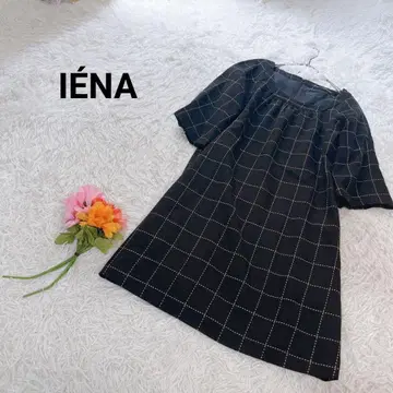 이에나 무릎 기장 원피스 체크 무늬 반팔 U넥 지퍼 스트레치