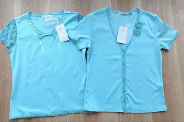 갤러리 비스콘티 앙상블 스카이블루 레이스 장식 반팔 상의 2세트
