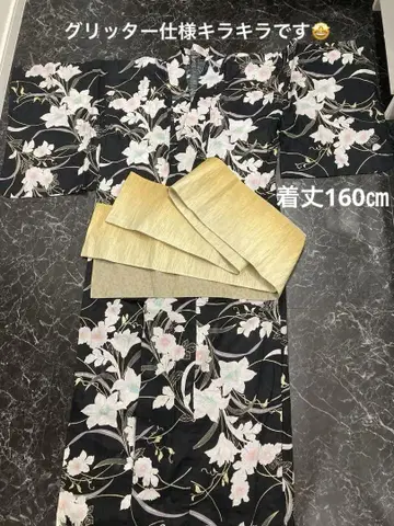 블랙 베이스 꽃무늬 유카타 오비 세트