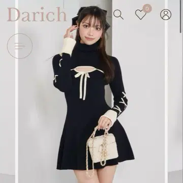 Darich 바이컬러 리본 디자인 니트 미니 원피스