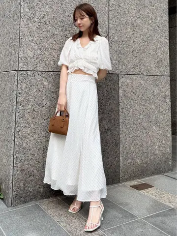 snidel 자카드 퍼프 슬리브 크롭 블라우스 자카드 플레어 스커트