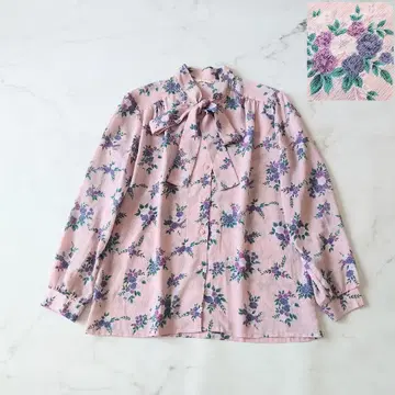b 쇼와 레트로 셔츠 블라우스 꽃무늬 보타이 리본 핑크 퍼플 긴팔
