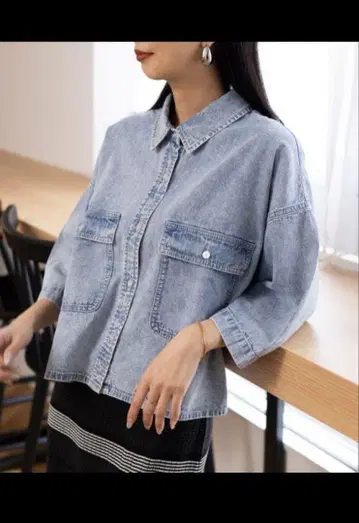 LEPSIM 모듬 데님 5부 소매 셔츠 케미컬 인디고