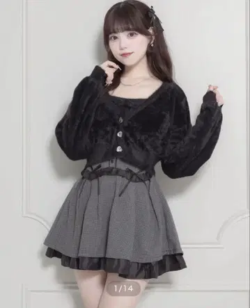 pium 하트 비쥬 페더 니트 가디건 세트 블랙