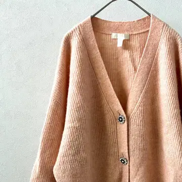 H&M 가디건 리브 니트 V 넥 숏 기장 볼륨 소매 꽃 버튼