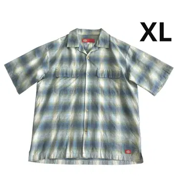 디키즈 옴브레 체크 반팔 셔츠 XL 파랑 화이트 옐로우 그린 코튼 린넨