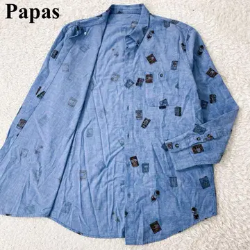 컨디션 최상 Papas 긴팔 셔츠 버튼 다운 올 로고 무늬 50 L 블루