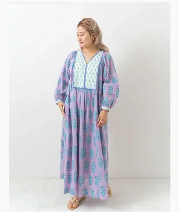 새상품급 누키테파 코튼 보일 에스닉 콤비네이션 프린트 개더 드레스