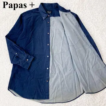 컨디션 최상 Papas + 플러스 긴팔 데님 셔츠 블루 로고 LL 50