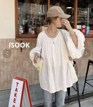 ISOOK 벌룬 쓰리 브루즈 블라우스 레이스 리본 화이트