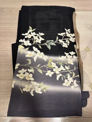 호몬기 옷감 블랙 베이스 화이트 꽃무늬 명주 오비 포함